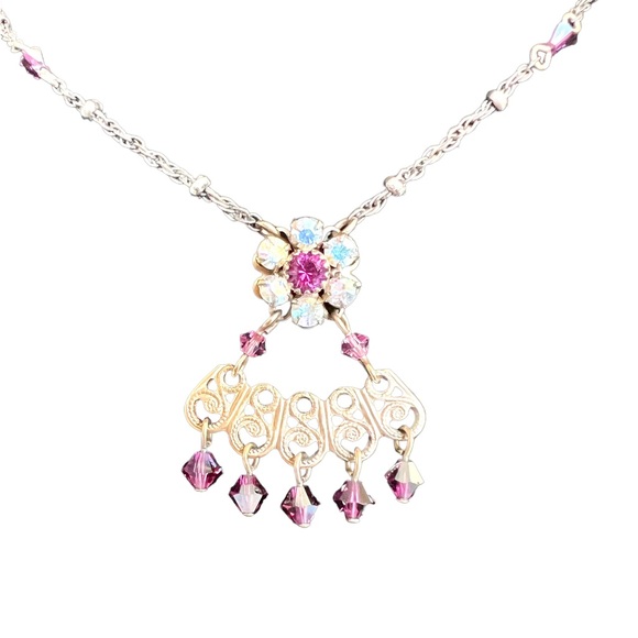Liz Palacios Dainty Purple Swarovski Crystals Floral Necklace Antiqued Gold Tone - Picture 9 of 10